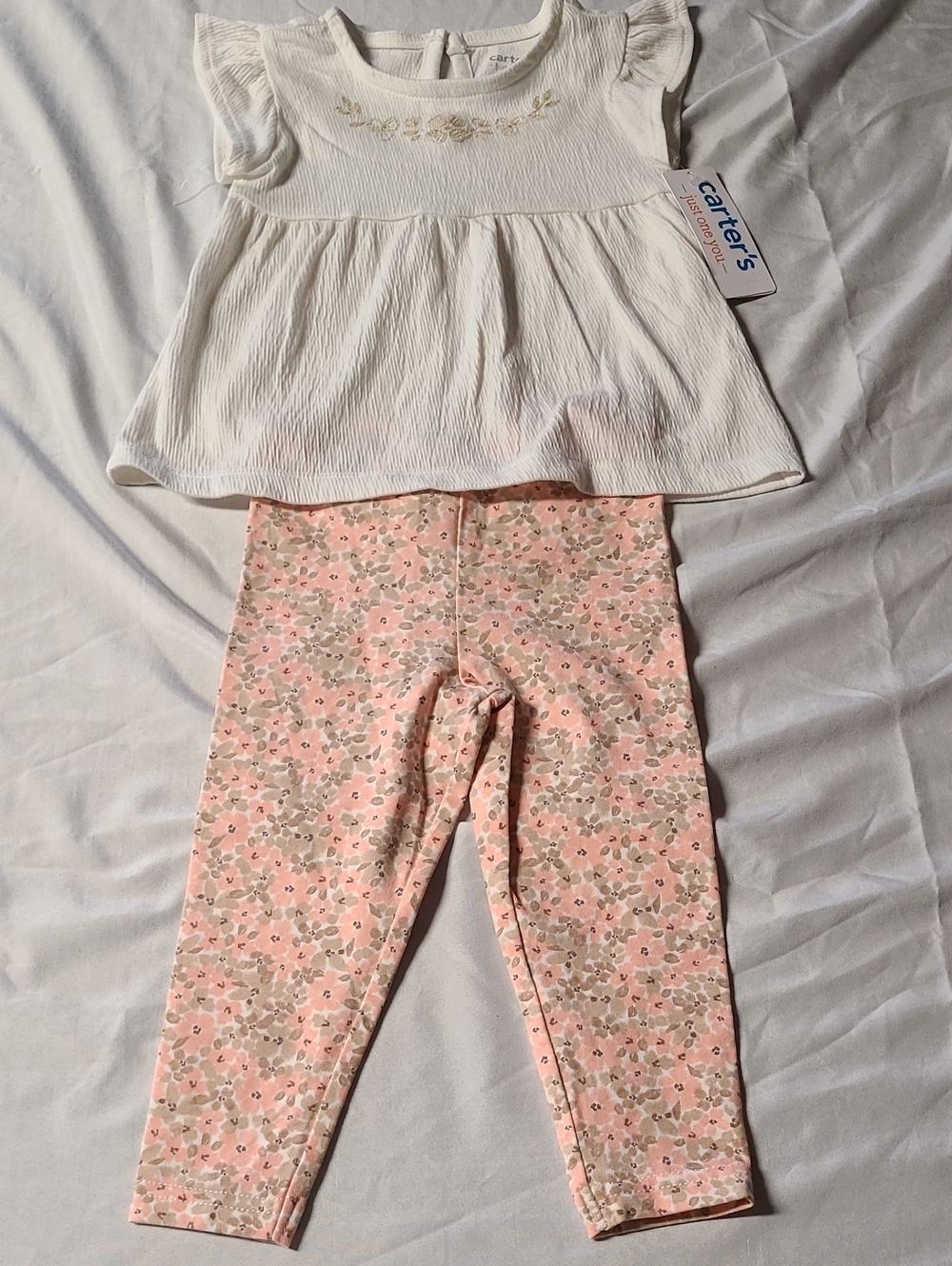 Carter's Cream Flutter-Sleeve Top with Pink Floral Leggings